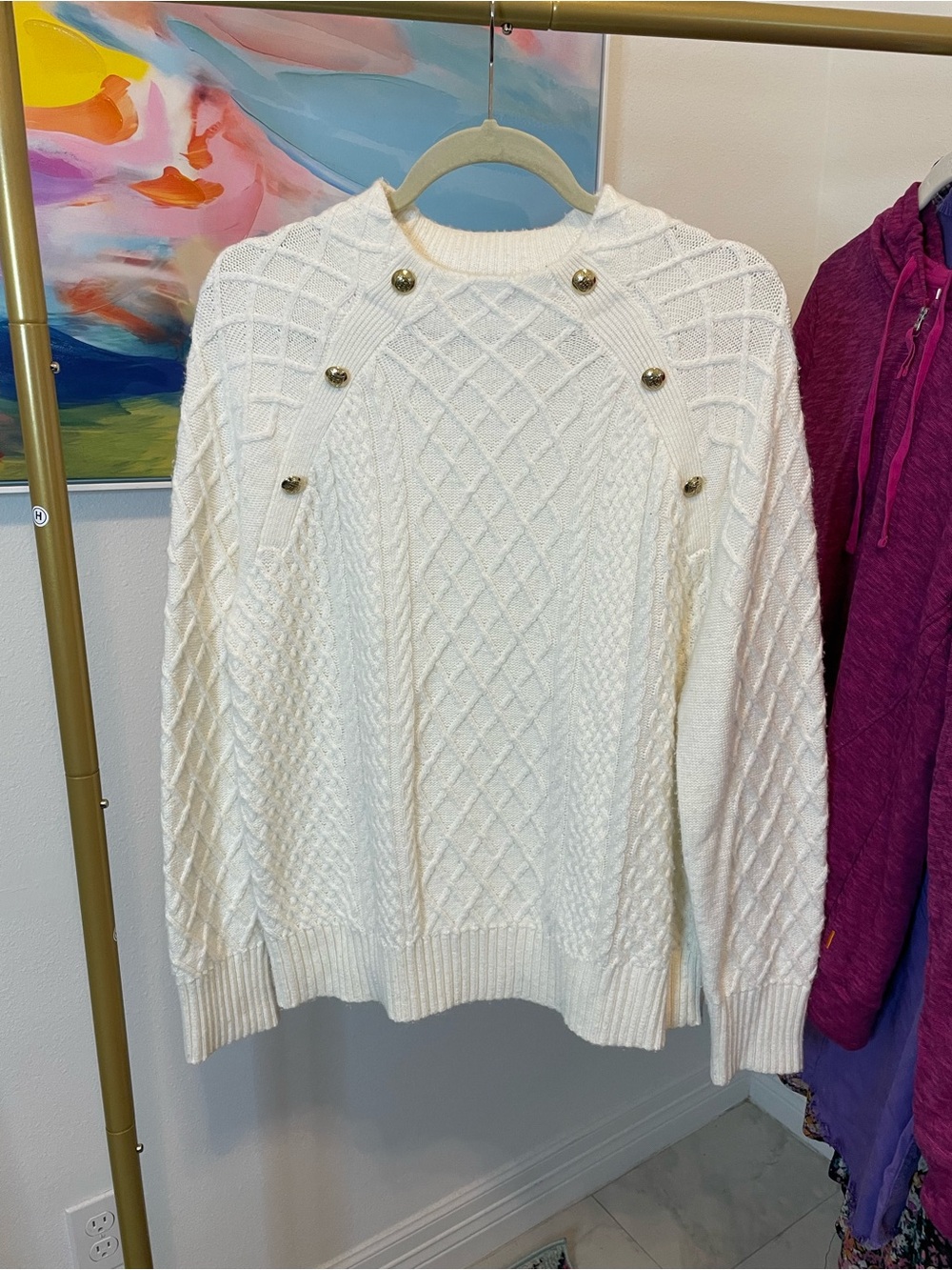 Talbots‎ Classic Button-Detail Cable Knit Sweater in White Large